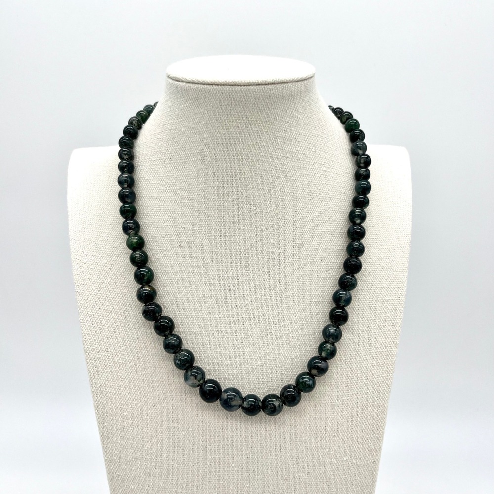 Moss Agate Beaded Necklace Round Gemstone‎ Beads Silver Tone Accents